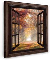 Tuinschilderij voor buiten 70x70 cm - Tuindecoratie Herfst - Bos - Bomen - Natuur - Doorkijk - Tuinposter op canvas - Tuin muurdecoratie - Buitenschilderij decoratie - Schutting wanddecoratie - Buitencanvas