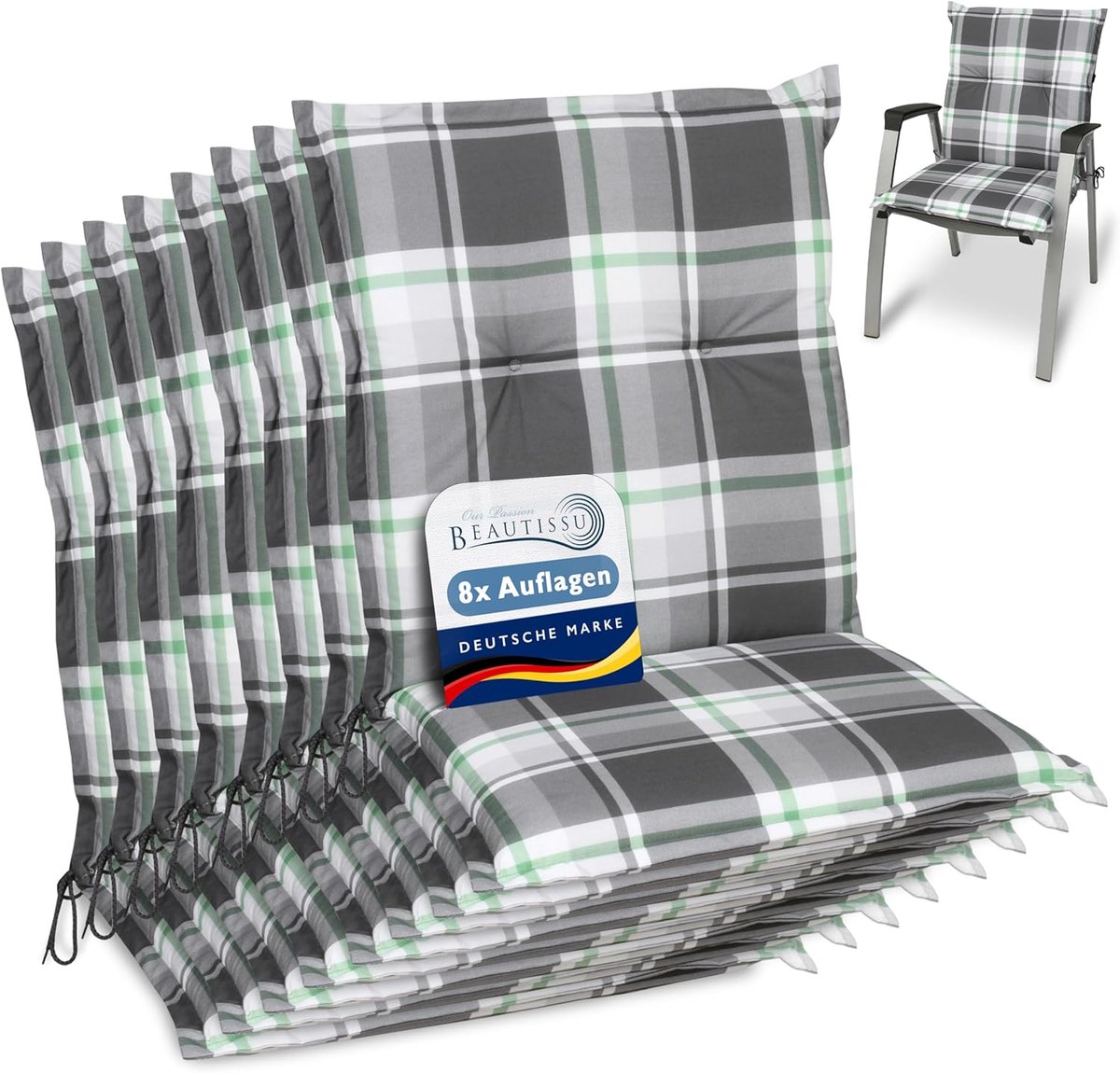 Beautissu Sunny MK – Set van 8 Tuinkussens Lage Rug 100x50 cm met UV-lichtechtheid Comfortabele Tuinstoel Zitkussen Mintgroen geruit