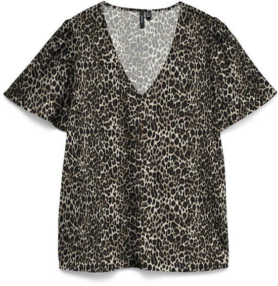 Dames T-shirt met V-hals en korte mouwen, met een luipaardprint in zwart, bruin en beige.