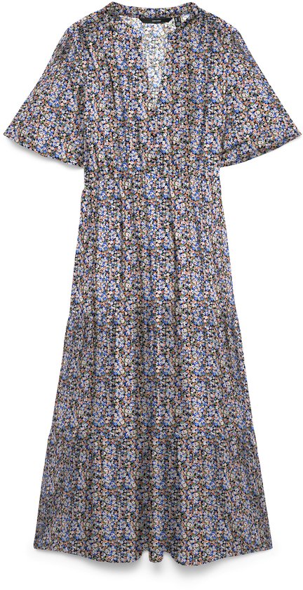 Maxi robe à col en V et manches courtes à volants, imprimé floral multicolore sur fond sombre.
