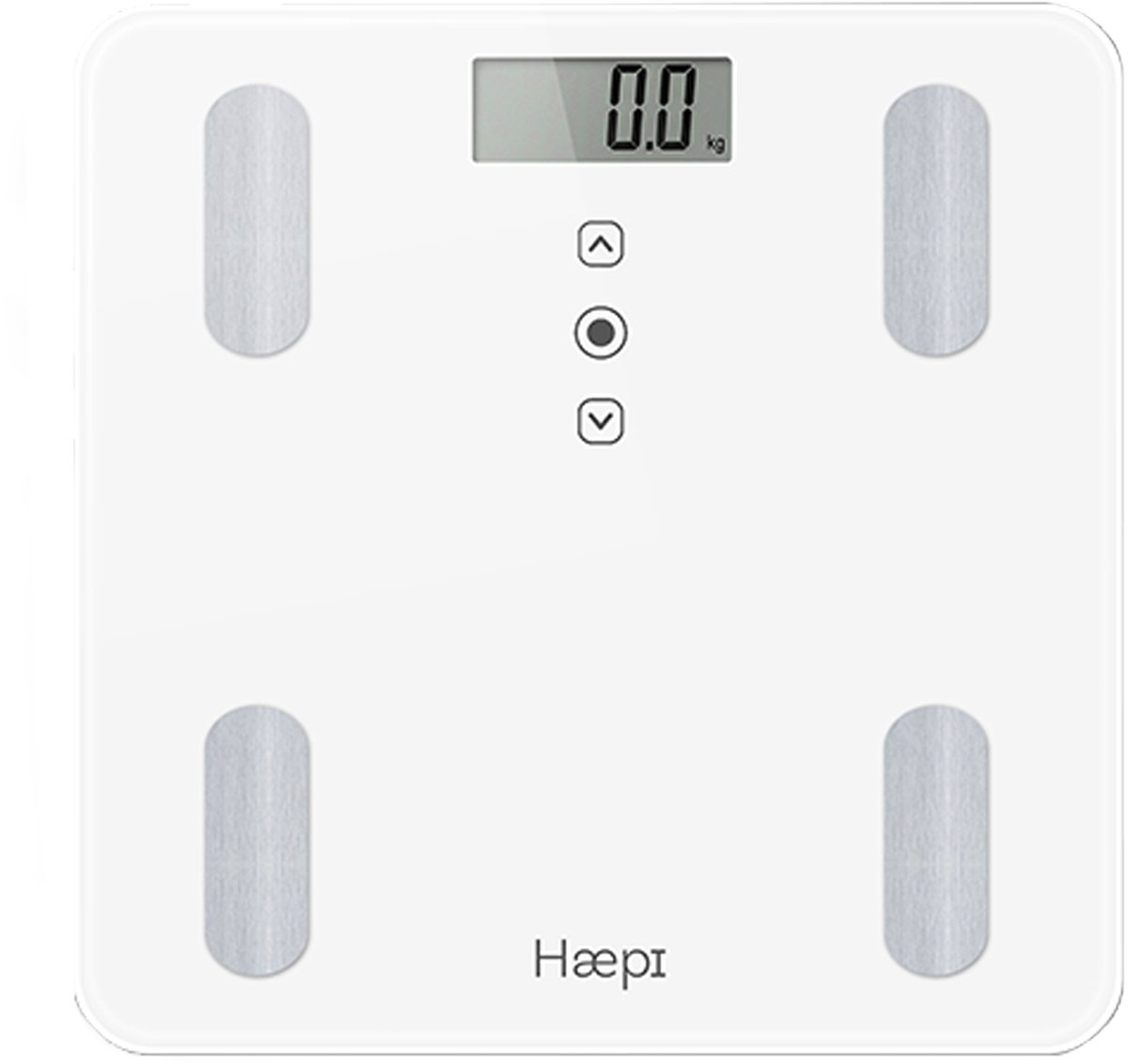 Haepi - Body Analyzer - Volledige lichaamsanalyse: BMI, Kcal, gewicht, vetmassa, botmassa, vochtgehalte, spiermassa - Modern en elegant design - Maximale capaciteit van 180 kg - Inclusief batterijen - Wit
