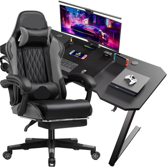 Yaheetech Gamingbureau, 110 x 70 cm, gamingbureau, ergonomisch, speeltafel voor computer, pc, thuis, met verstelbare monitorhouder, bekerhouder, handgreephouder, zwart