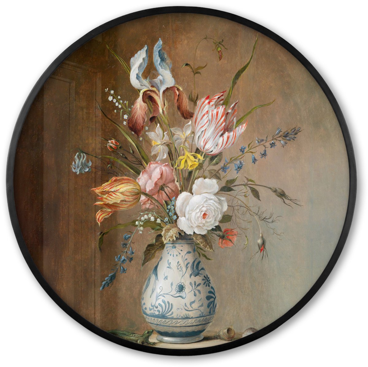 FrameYourWall Poster in lijst Rond - Fotolijst 80x80 cm - Posters - Oude meesters - Bloemen - Balthasar van der Ast - Ronde posterlijst zwart - Decoratie - Wanddecoratie woonkamer - Muurdecoratie slaapkamer Oude meesters - Stilleven