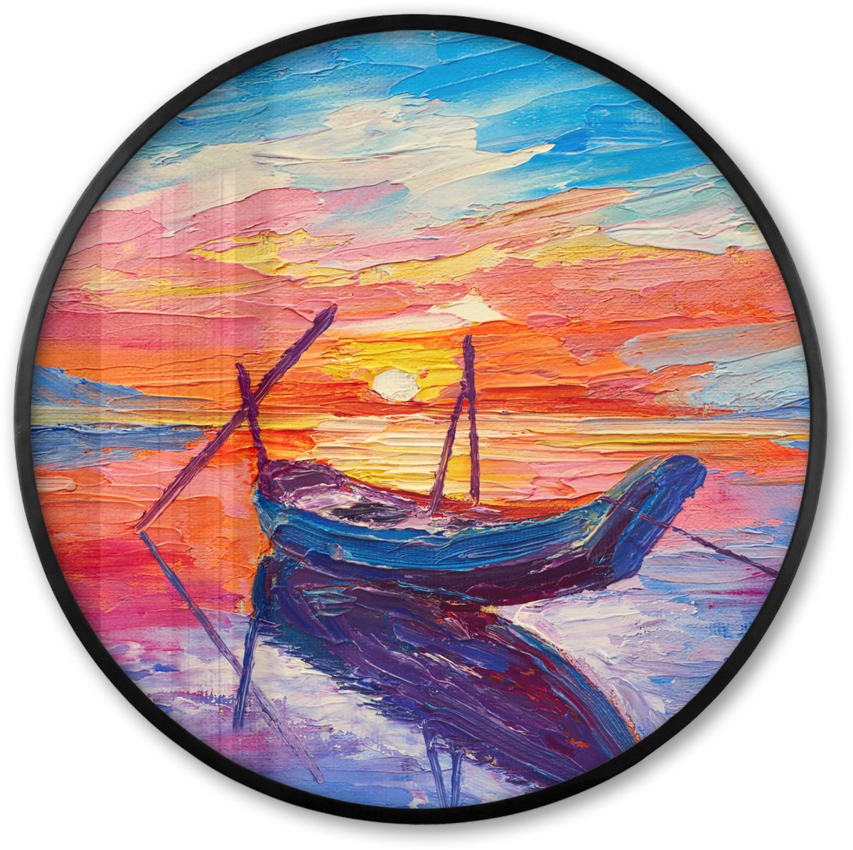 FrameYourWall Poster in lijst Rond - Fotolijst 80x80 cm - Posters - Schilderij - Boot - Olieverf - Water - Ronde posterlijst zwart - Decoratie - Wanddecoratie woonkamer - Muurdecoratie slaapkamer Multicolor