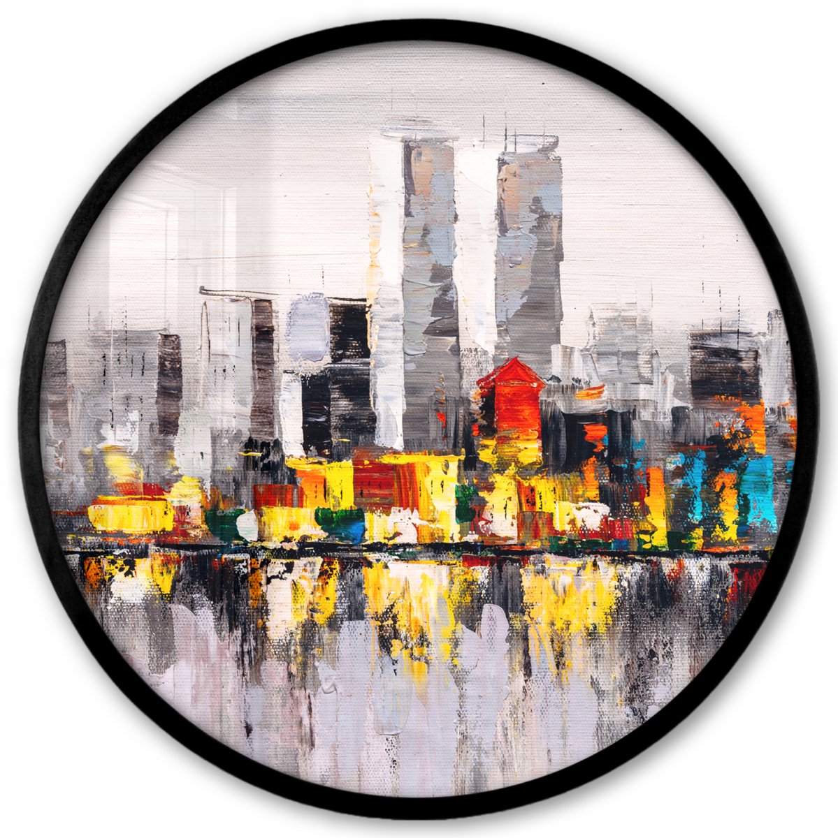 FrameYourWall Poster in lijst Rond - Fotolijst 40x40 cm - Posters - Schilderij - Skyline - Kleuren - Olieverf - Ronde posterlijst zwart - Decoratie - Wanddecoratie woonkamer - Muurdecoratie slaapkamer Multicolor