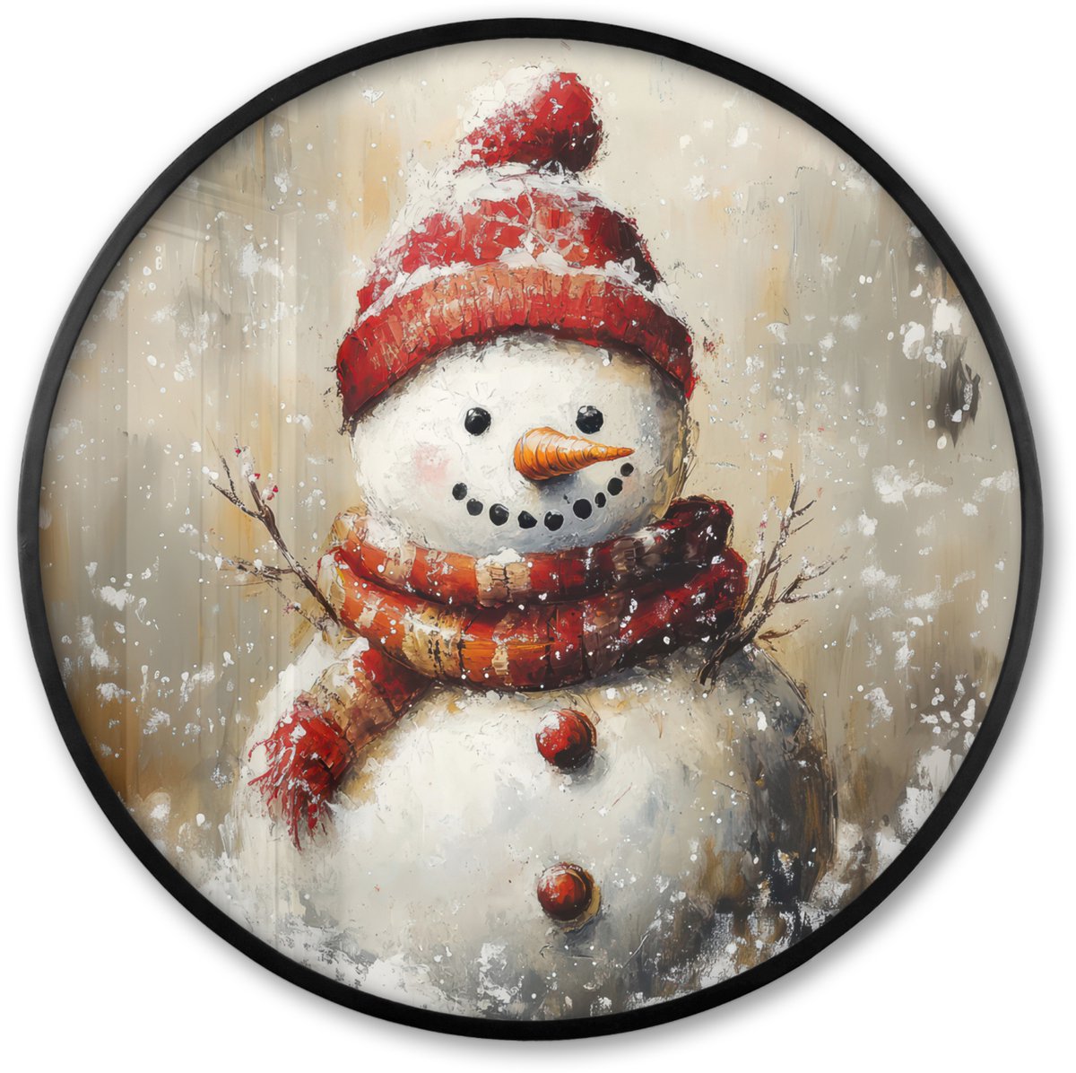 FrameYourWall Poster in lijst Rond - Fotolijst 60x60 cm - Posters - Sneeuwpop - Winter - Sneeuw - Beige - Ronde posterlijst zwart - Decoratie - Wanddecoratie woonkamer - Muurdecoratie slaapkamer