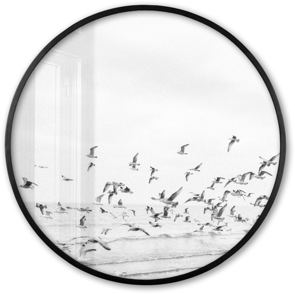 FrameYourWall Poster in lijst Rond - Fotolijst 60x60 cm - Posters - Zee - Vogels - Natuur - Zeemeeuwen - Ronde posterlijst zwart - Decoratie - Wanddecoratie woonkamer - Muurdecoratie slaapkamer Strand - Vogels