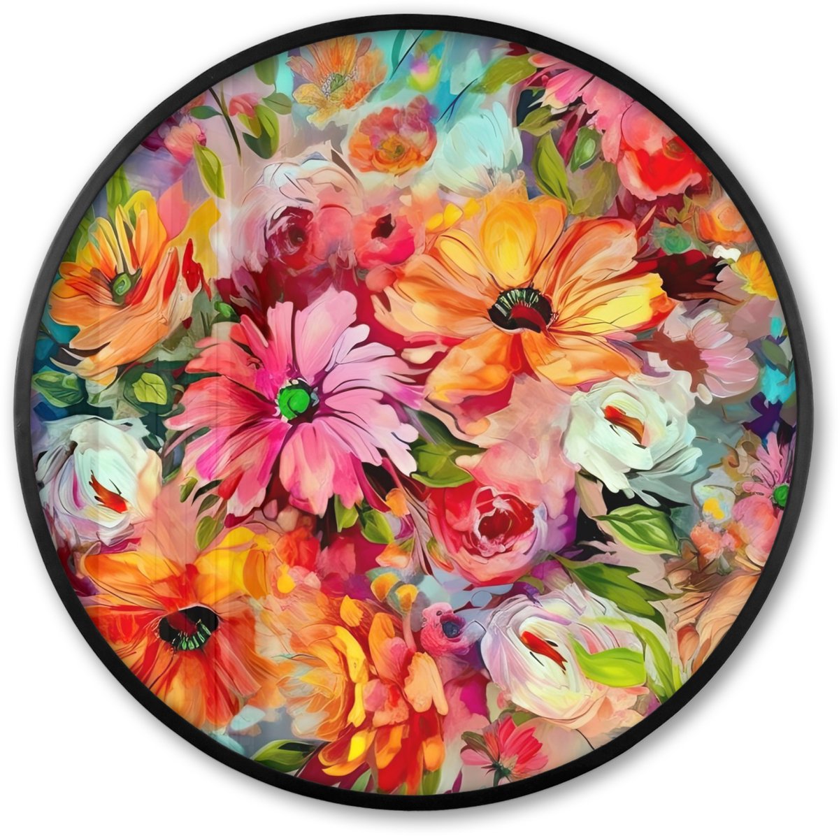FrameYourWall Poster in lijst Rond - Fotolijst 60x60 cm - Posters - Bloemen - Kleurrijk - Kunst - Olieverf - Ronde posterlijst zwart - Decoratie - Wanddecoratie woonkamer - Muurdecoratie slaapkamer Bloemen - Olieverf