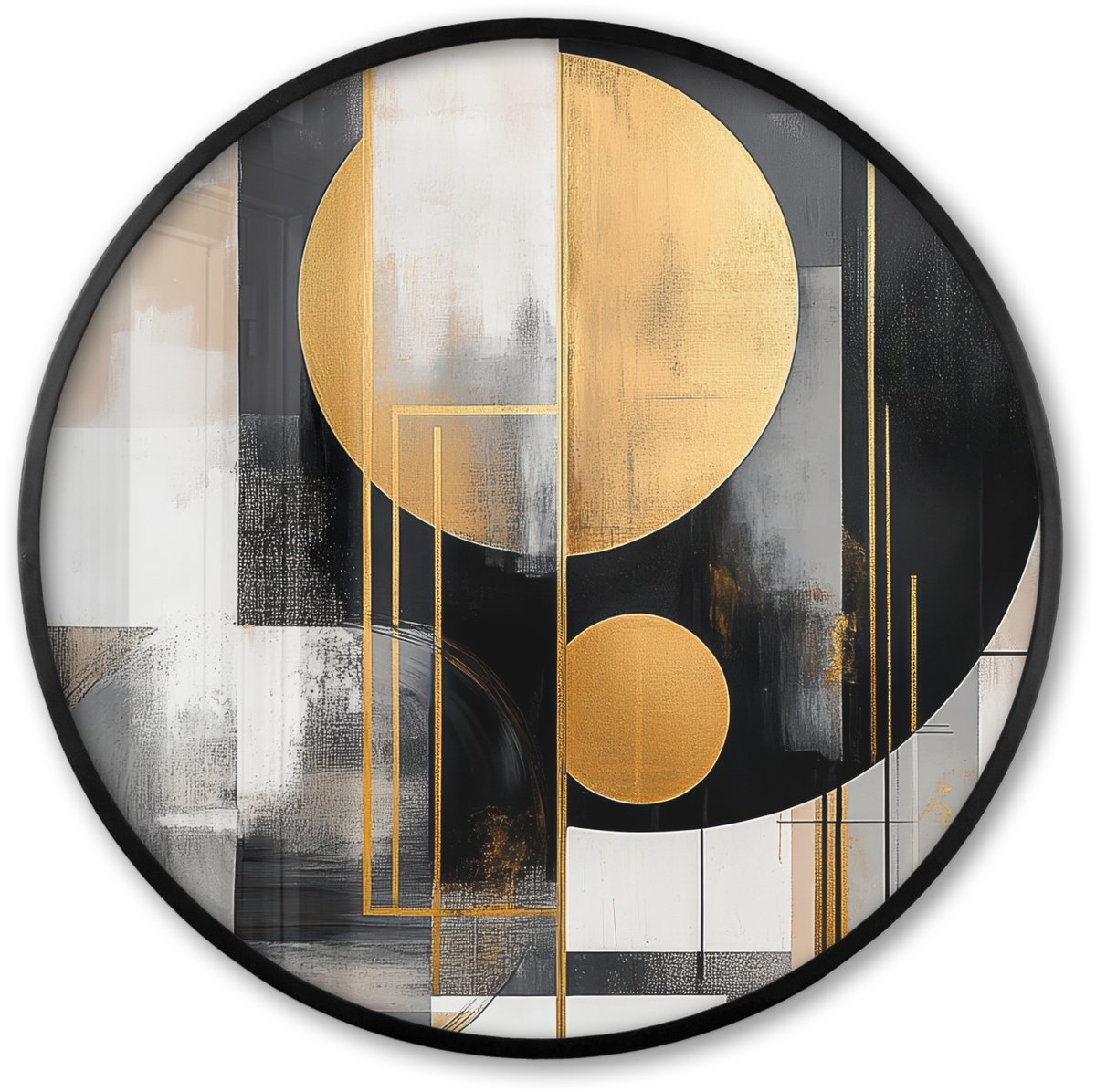 FrameYourWall Poster in lijst Rond - Fotolijst 60x60 cm - Posters - Abstract - Goud - Zilver - Vormen - Aesthetic - Modern - Ronde posterlijst zwart - Decoratie - Wanddecoratie woonkamer - Muurdecoratie slaapkamer Abstracte vormen