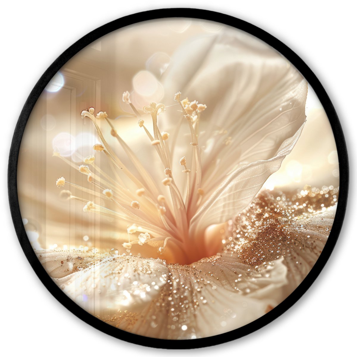 FrameYourWall Poster in lijst Rond - Fotolijst 40x40 cm - Posters - Bloem - Wit - Glitter - Goud - Modern - Ronde posterlijst zwart - Decoratie - Wanddecoratie woonkamer - Muurdecoratie slaapkamer