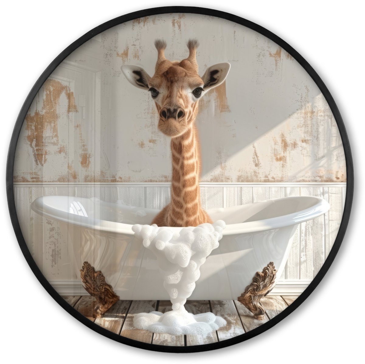 FrameYourWall Poster in lijst Rond - Fotolijst 80x80 cm - Posters - Giraf - Badkuip - Vintage - Dieren - Ronde posterlijst zwart - Decoratie - Wanddecoratie woonkamer - Muurdecoratie slaapkamer