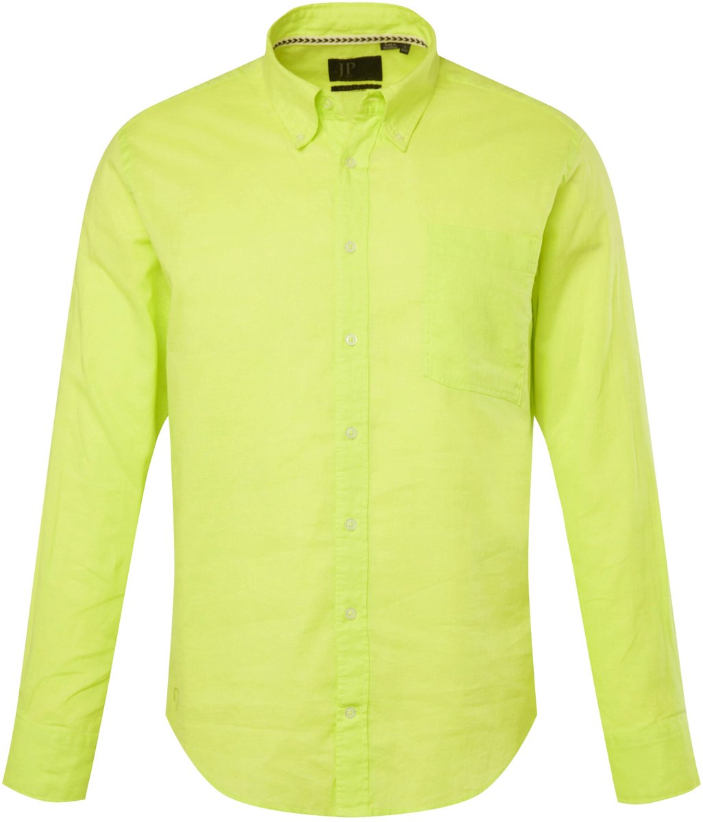 JP 1880 - Heren - Overhemd van een linnenmix lange mouwen button-down kraag - Neongeel - Maat 4XL