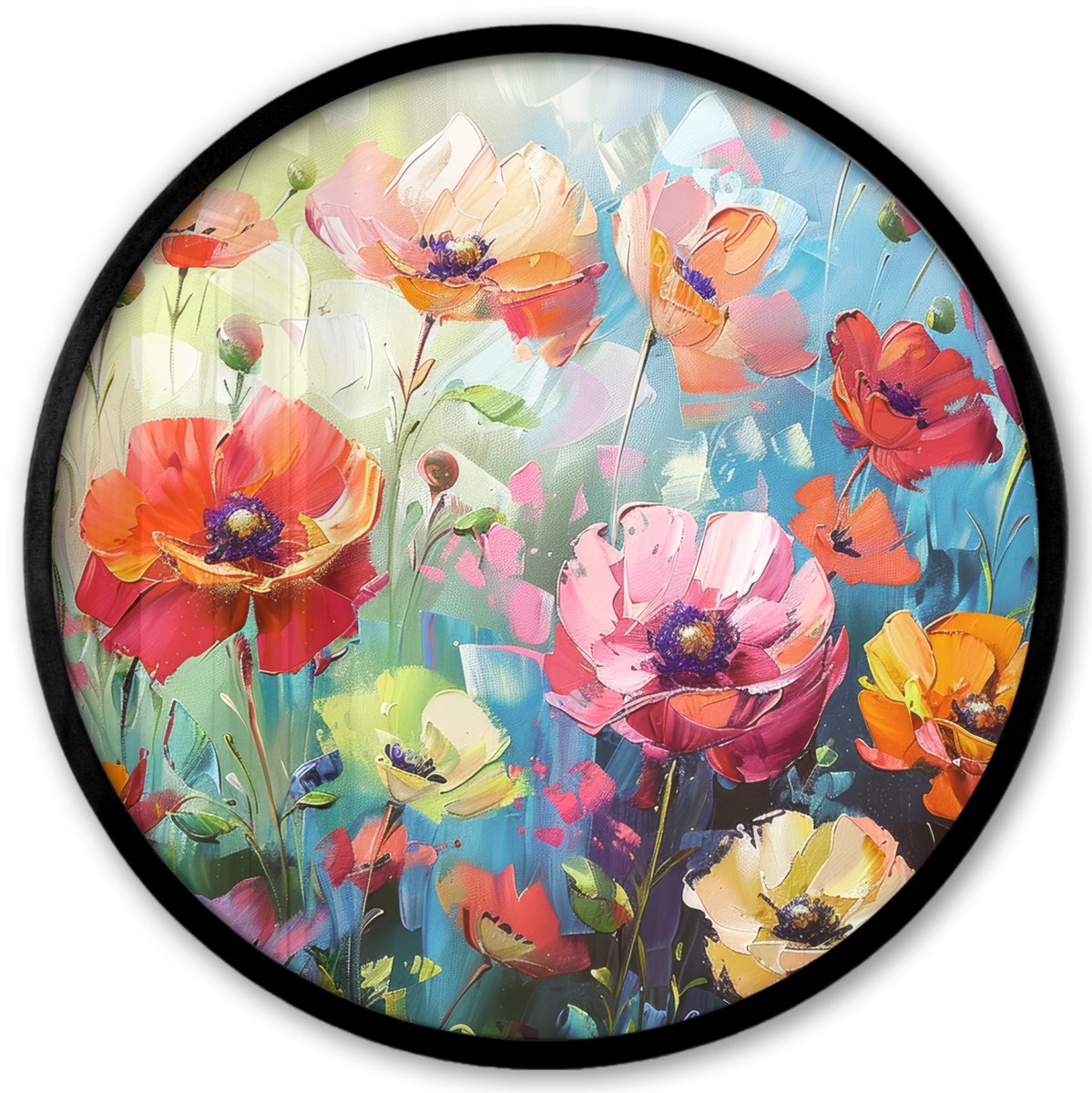 FrameYourWall Poster in lijst Rond - Fotolijst 40x40 cm - Posters - Bloemen - Kleurrijk - Waterverf - Natuur - Zomer - Ronde posterlijst zwart - Decoratie - Wanddecoratie woonkamer - Muurdecoratie slaapkamer Zomerse bloemen