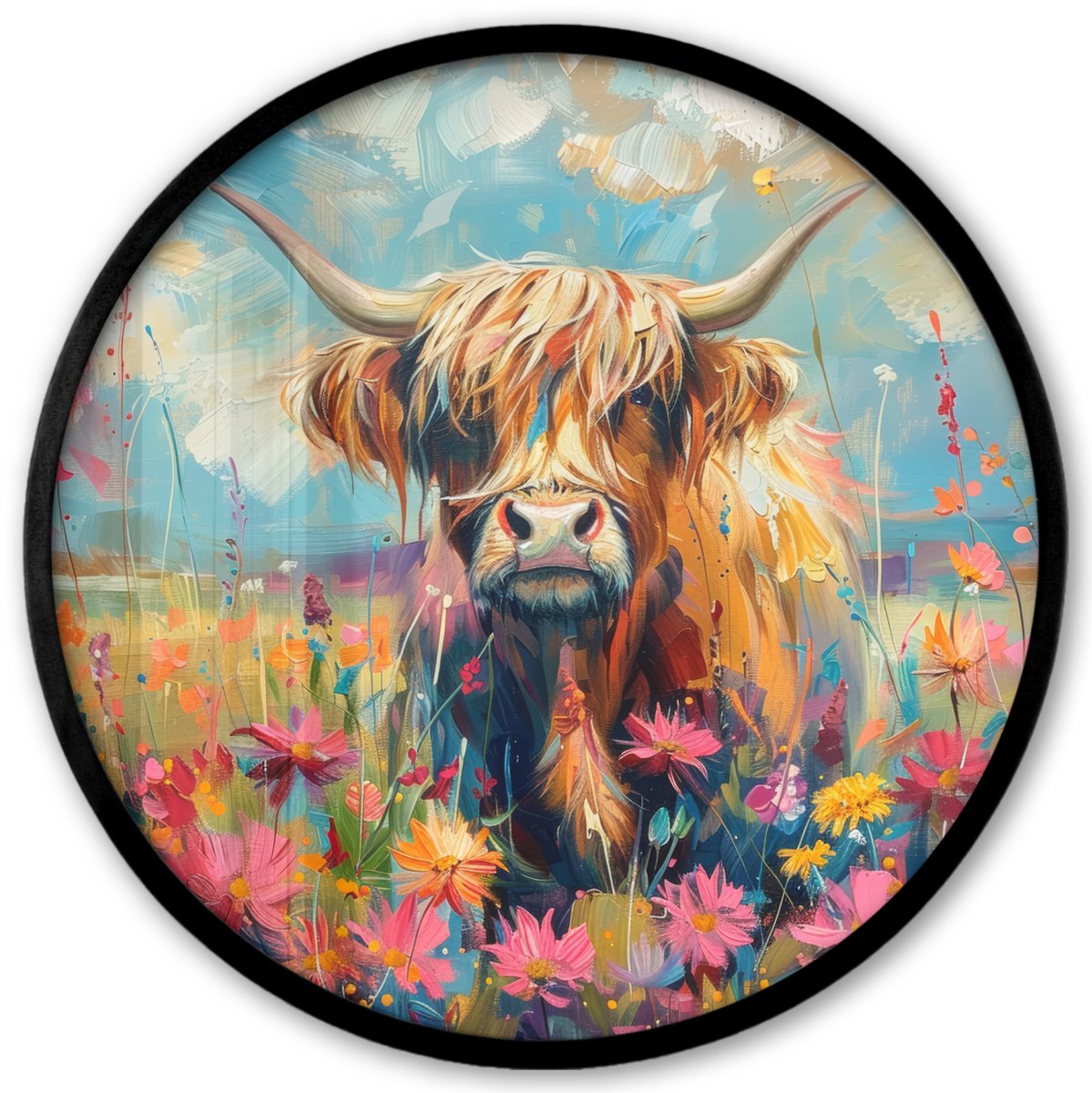 FrameYourWall Poster in lijst Rond - Fotolijst 40x40 cm - Posters - Schotse hooglander - Natuur - Kleurrijk - Bloemen - Ronde posterlijst zwart - Decoratie - Wanddecoratie woonkamer - Muurdecoratie slaapkamer
