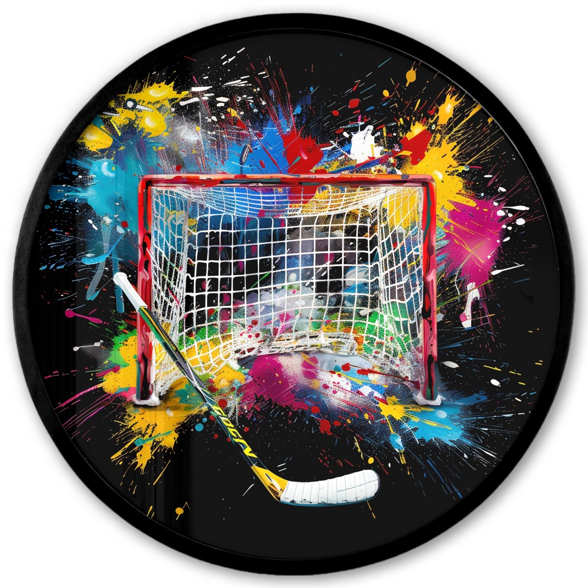 FrameYourWall Poster in lijst Rond - Fotolijst 40x40 cm - Posters - Graffiti - Sport - IJshockey - Hockey goal - Ronde posterlijst zwart - Decoratie - Wanddecoratie woonkamer - Muurdecoratie slaapkamer