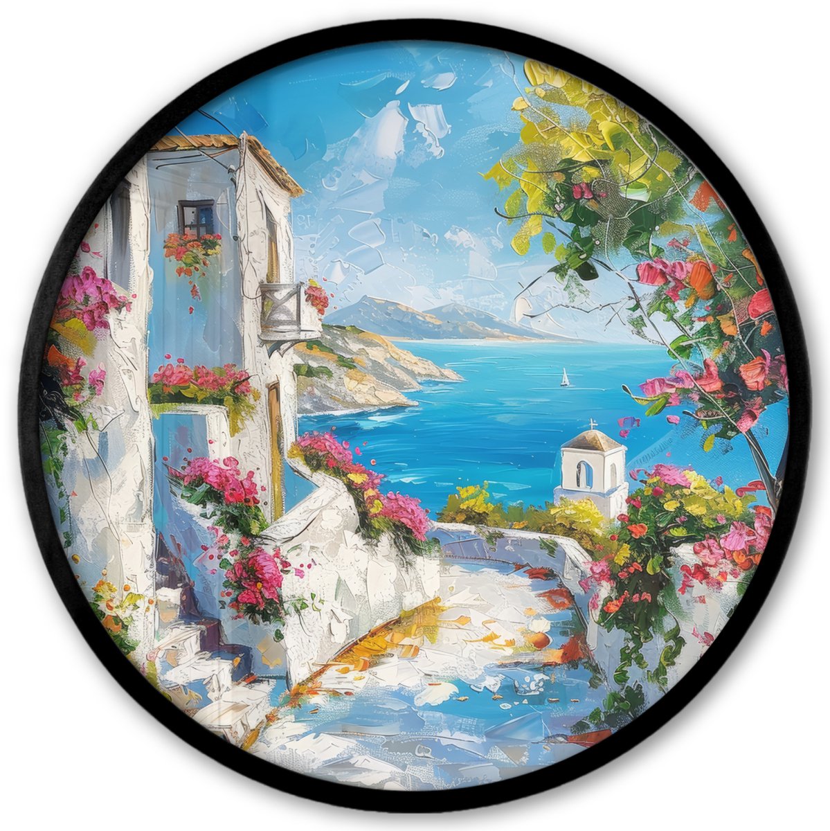 FrameYourWall Poster in lijst Rond - Fotolijst 40x40 cm - Posters - Landschap - Bloemen - Natuur - Zomer - Ronde posterlijst zwart - Decoratie - Wanddecoratie woonkamer - Muurdecoratie slaapkamer Grieks landschap