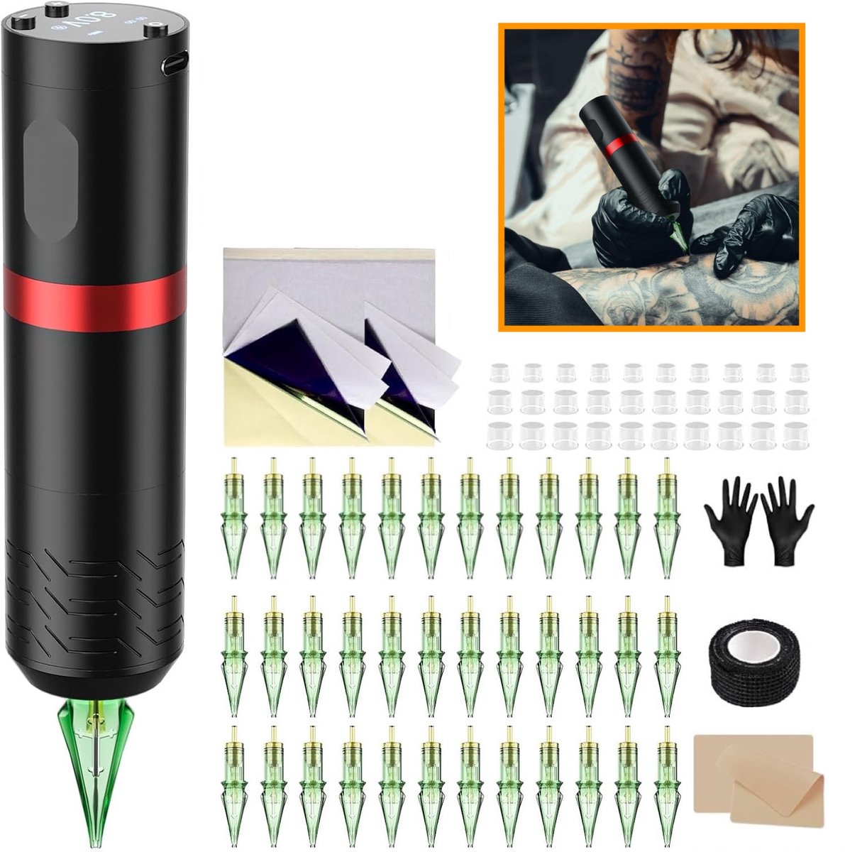 Draadloze Tattoo Pen met OLED Display | Complete Wireless Tattoo Set met 40 Cartridge Naalden | 2x 3mm Oefenhuid | Transfer Stencils | Voor Beginners & Professionals