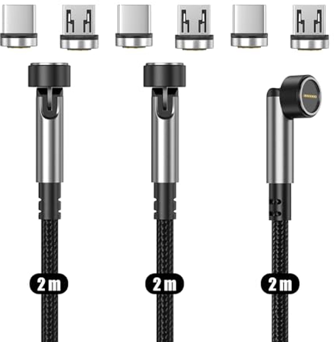 Magnetic Charging Cable 2m - Fast Charging & Data Transfer for USB-C and Micro-USB Smartphones (3-Pack)
