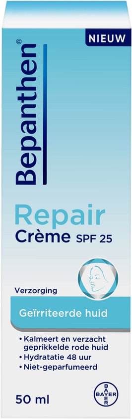 Bepanthen Repair Crème SPF 25. Blauwe en witte verpakking met "Repair Crème SPF 25" tekst.