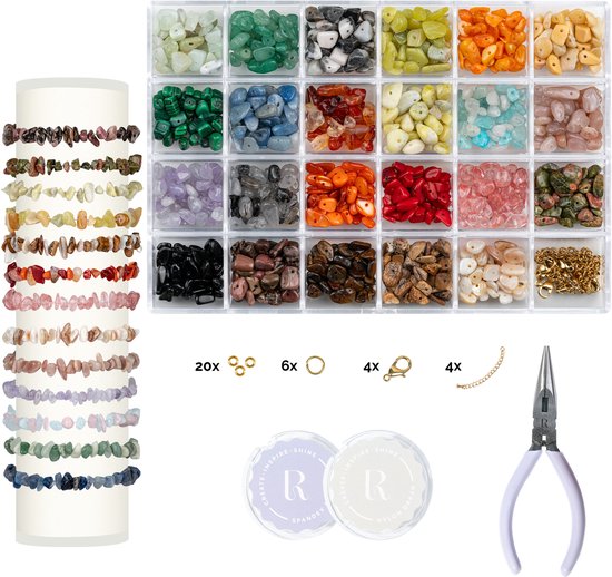 RICHLY® Kralen set Luxe Natuursteen - incl. Instructieboekje - Premium verpakking - Armbandjes Maken met kraaltjes meisjes & dames - Natuurkleuren edelstenen - Kralenketting - Kralendoos - Edelsteen kralenset - Sieraden maken