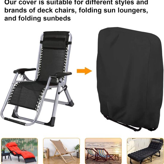 Zwarte hoes voor een ligstoel, met afbeeldingen van verschillende stoelen en ligbedden.