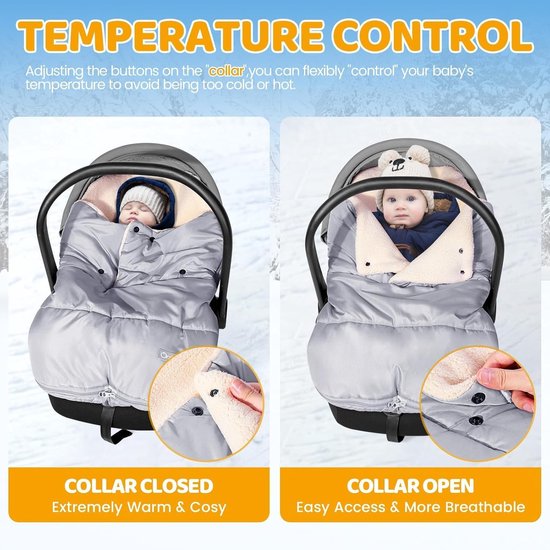 Voetenzak babyschaal winter, universele baby wikkeldeken winter met verstelbare kraag, warme berberfleece voering, ritssluiting, geschikt voor Maxi-Cosi, Cybex, Romeinen enz. (lichtgrijs) — afbeelding 3
