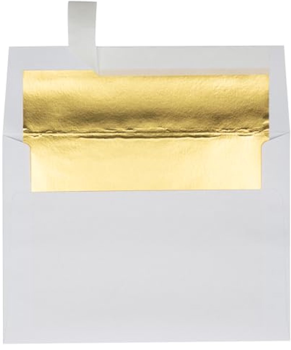 Hoge Kwaliteit A7 Uitnodigingsenveloppen | Peel & Press | 5 1/4" x 7 1/4" | Wit met Gouden Voering | 50 Aantal