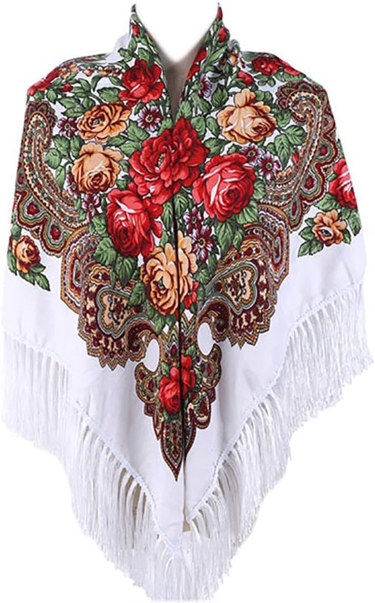 Traditionele sjaal voor dames, met kwastjes, franjes, halsdoek, hoofdsjaal, retrosjaal, bloemenpatroon, poncho-print - Wit/Weelderige Tuin