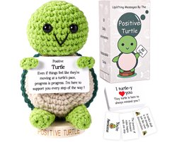 Positive Turtle Set, Crochet Turtle Doll with 30 Motivational Cards & Wooden Base Cute Knitted Animal Positive Gift for Friends Family Encouragement Decoration