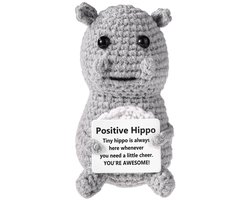 Positive Hippo, Emotional Support Crochet Gift Crochet Animal with Positive Message Crochet Hippo Positive Crochet Gift for Inspirational Gift Home Office Car Decor(Grey)