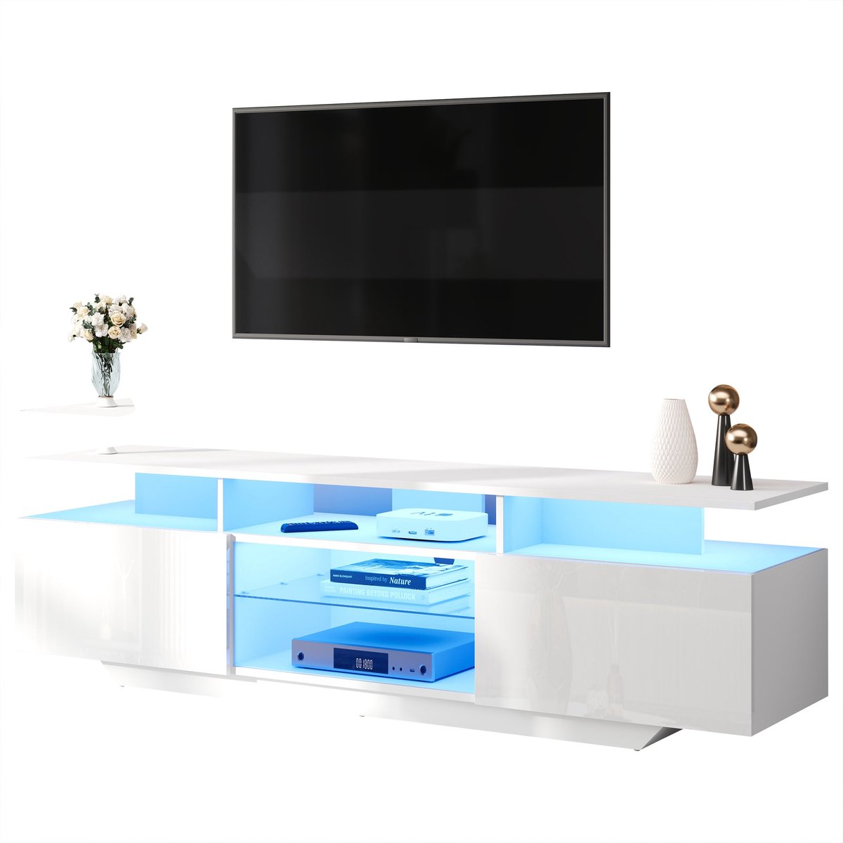 Merax TV-Meubel 160 x 40 x 45 cm – Wit Hoogglans TV-Kast met LED Verlichting en Glazen Planken – Moderne TV-Kast met 2 Deuren en 8 Opbergvakken – Geschikt voor TV’s tot 70 inch