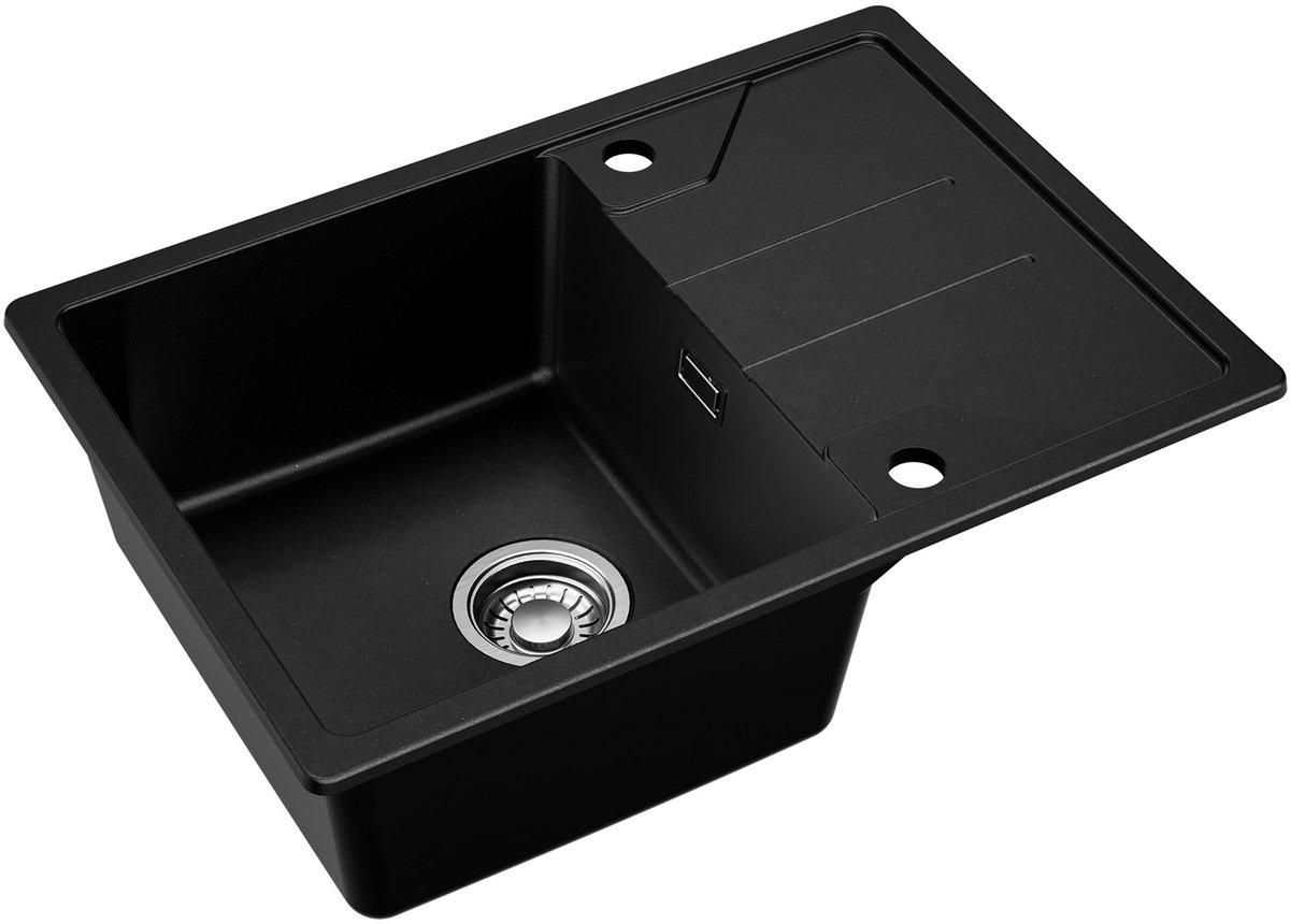DERW MAX Granieten Spoelbak voor keuken 65x45cm - Enkele Spoelbakken - Onderbouw Spoelbak Zwart - Met Planchet en Waterafvoersysteem - Voor 45 cm Kast