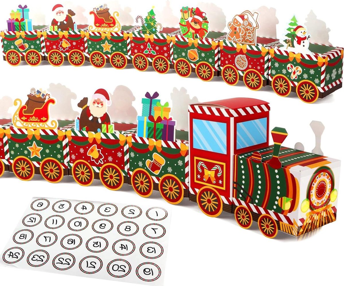 Kerst adventskalender trein met 24 feestelijke verrassingsdoosjes - decoratief kerstcadeau.
