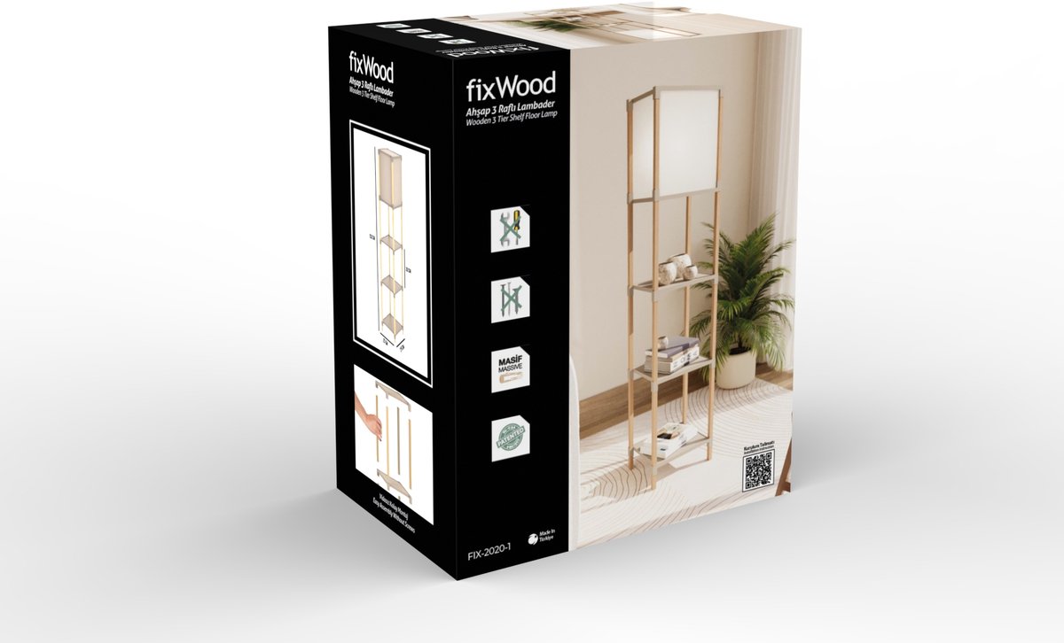 Fixwood Houten Staande Lamp met 3 Planken – Scandinavisch Design – Etagère Vloerlamp – Hout & Linnen – Warm Wit Licht – Voor Woonkamer, Slaapkamer of Kantoor thumbnail 2