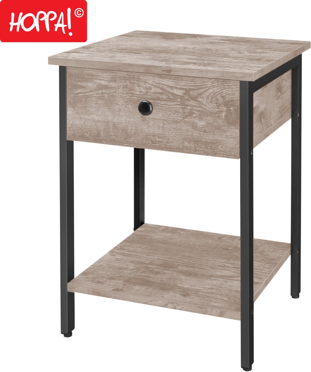 Hoppa! Vintage nachtkastje/bijzettafel – Greige metaal - 41 x 41 x 56 cm (B x D x H)