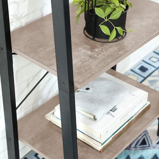Detail van de bovenste en middelste planken van een greige ladderrek, met een plant en boeken.
