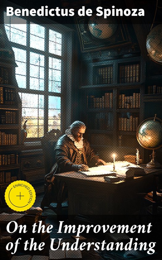 Een oude man in historische kledij zit aan een bureau te lezen, omringd door boeken en globes. Titel: Benedictus de Spinoza, On the Improvement of the Understanding.