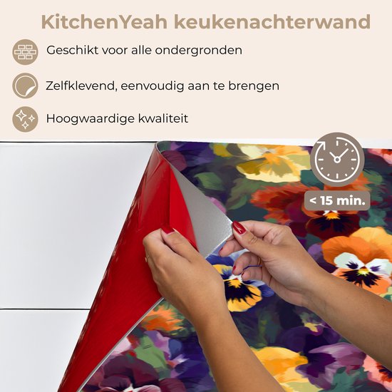 Keuken achterwand 350x60 cm - Spatscherm zelfklevend Viooltjes - Kleuren - Bloemblaadjes - Muurbeschermer - Spatwand fornuis