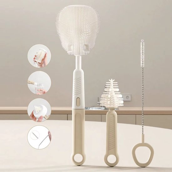 Baby Flessenborstel met bijzondere borstelkop - 360° Reiniging - Baby Borstels - Beige – Reinigt Moeilijk Bereikbare PlekkenBab