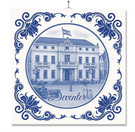 Tegel Met Opdruk | Deventer | Delft Blauw | Cadeau | Inclusief Geschenkdoos | Standaard | Ophangsysteem