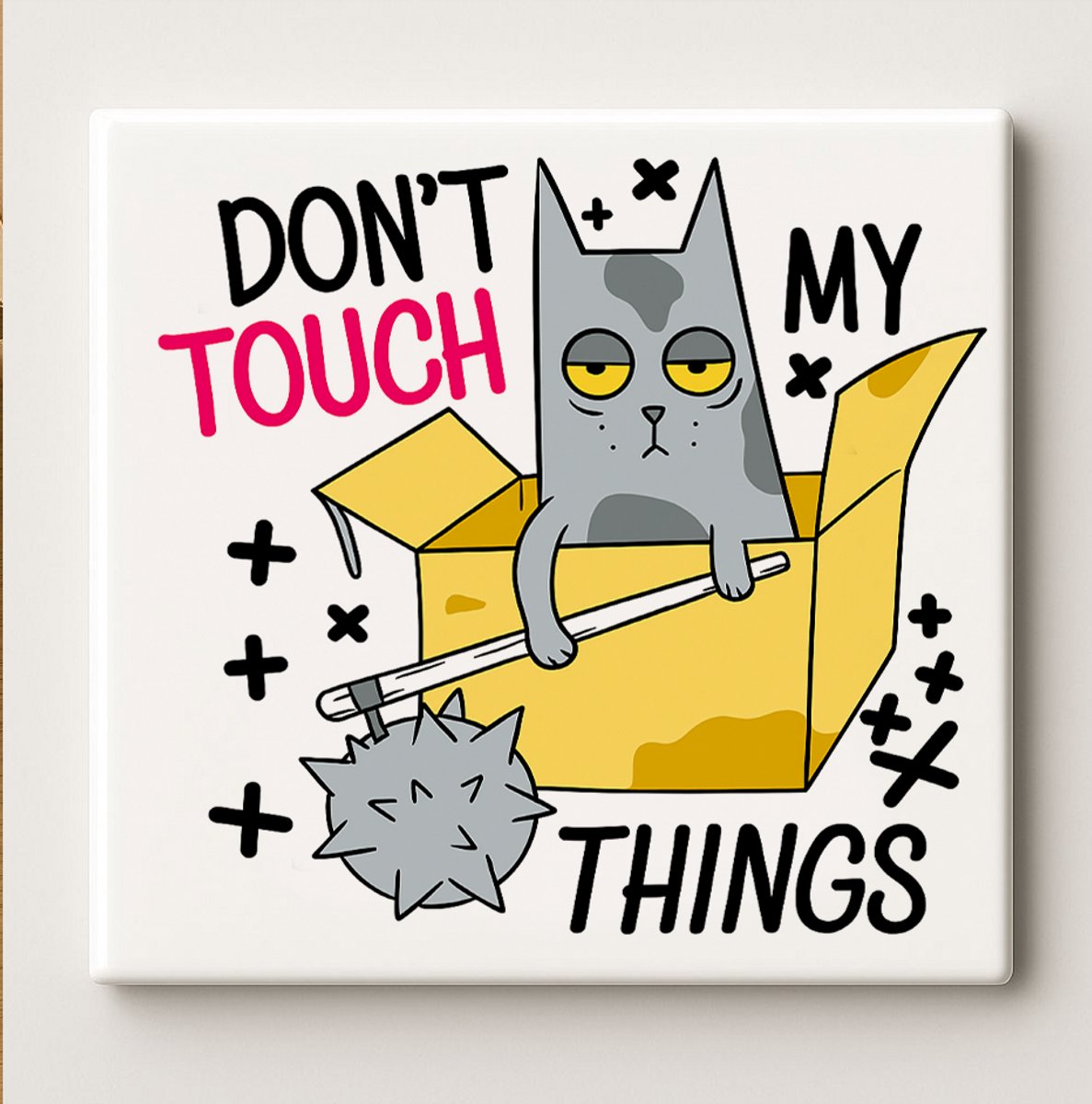 Grappige Kat Tegel “Don’t Touch My Things” 15x15 cm – Humoristische Keramische Wanddecoratie Cadeau voor Kattenliefhebbers en Huisdecoratie