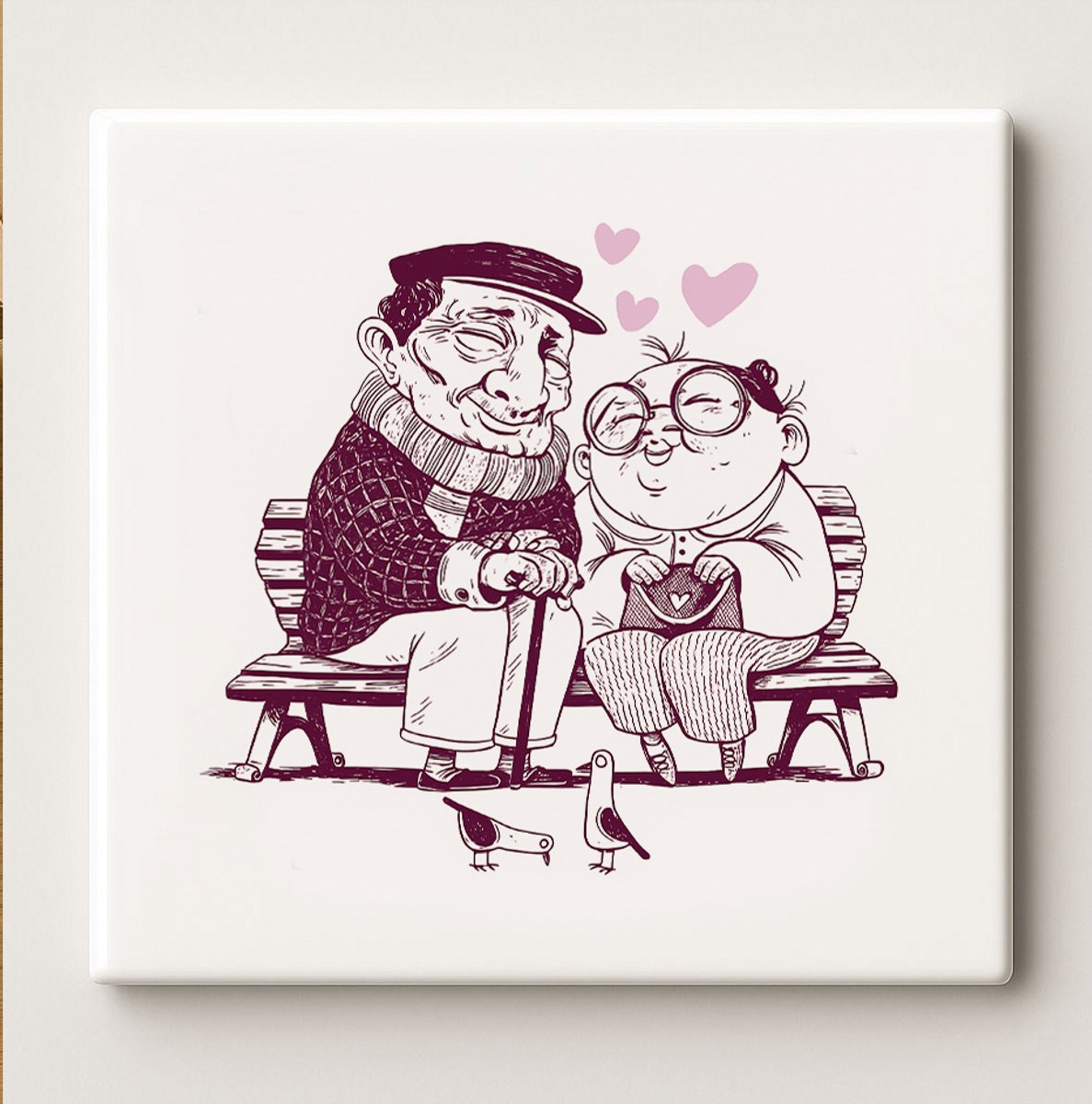 Nevolis Ouderen Koppel Liefde Tegel 15x15cm – Schattige Romantische Illustratie Keramische Wandtegel, Perfect Cadeau voor Jubileum of Valentijnsdag Multi Color