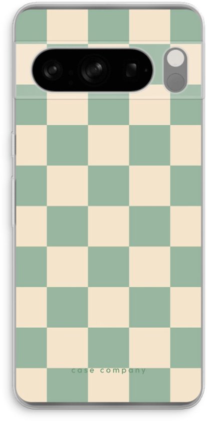 Telefoonhoesje met mintgroene en crèmekleurige ruitjespatroon.