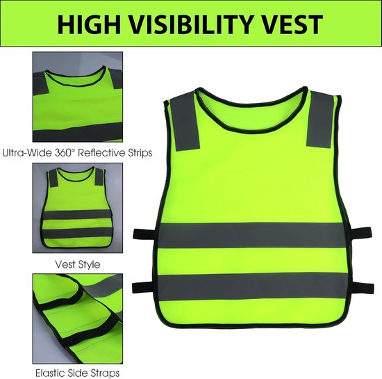 Lichtgroen kinder veiligheidsvest met ultra-brede 360° reflecterende strepen en elastische zijbanden.