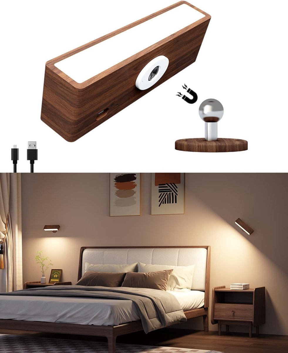 Daity Houten wandlamp op batterijen - oplaadbare magnetische wandlamp - opplakbare wandlamp voor in de slaapkamer - dimbare wandlamp voor op het bed - draadloze leeslamp op batterijen voor in de slaapkamer 1 stuk