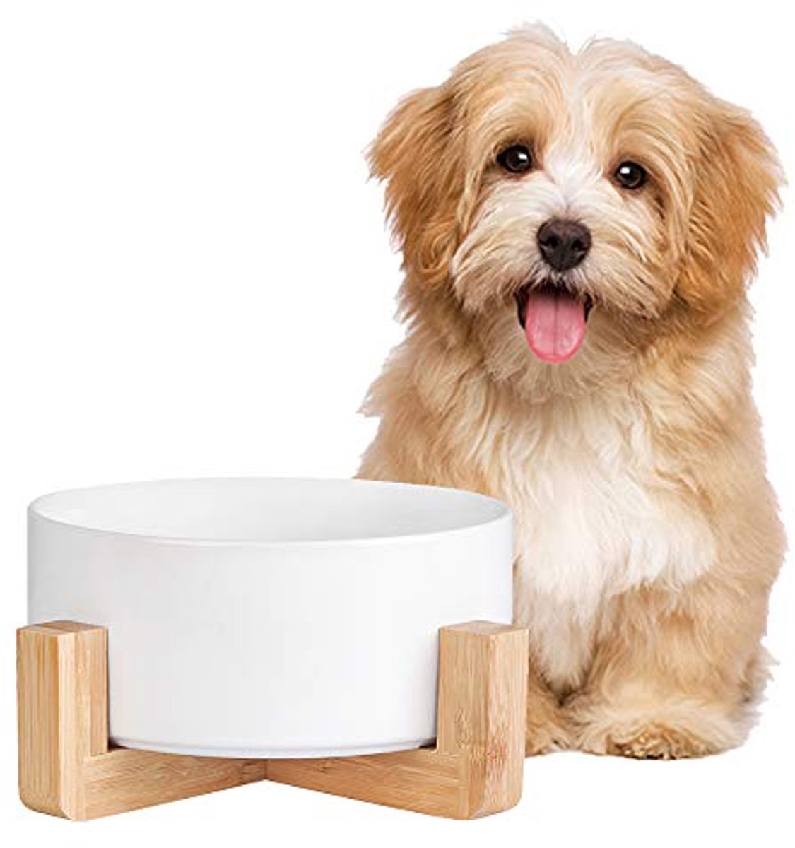 Antislip Keramische Honden- en Kattenbak met Houten Standaard - Geen Morsen Schotel voor Voedsel en Water (3,6 Kopjes)
