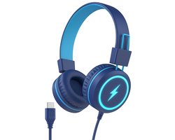 StayPowered Kinderhoofdtelefoon - Veilig en Stijlvol met LED-Verlichting - USB-C Aansluiting - Volumelimiet 85/94 dB - Ingebouwde Microfoon - Opvouwbaar en Lichtgewicht - Zachte Oorkussens - Stereo Geluid - Blauw - Levering Sneller dan Aangegeven!