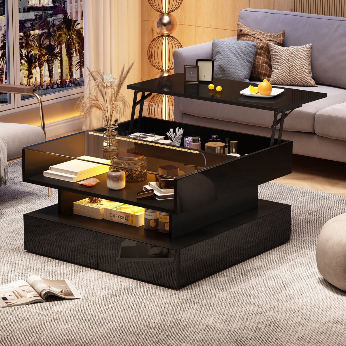 HAUSS SPOLE Salontafels Koffietafel - Hoogteverstelbare Salontafel Met 2 Laden En LED - 80x80x45 cm - Spaanplaat - Zwart