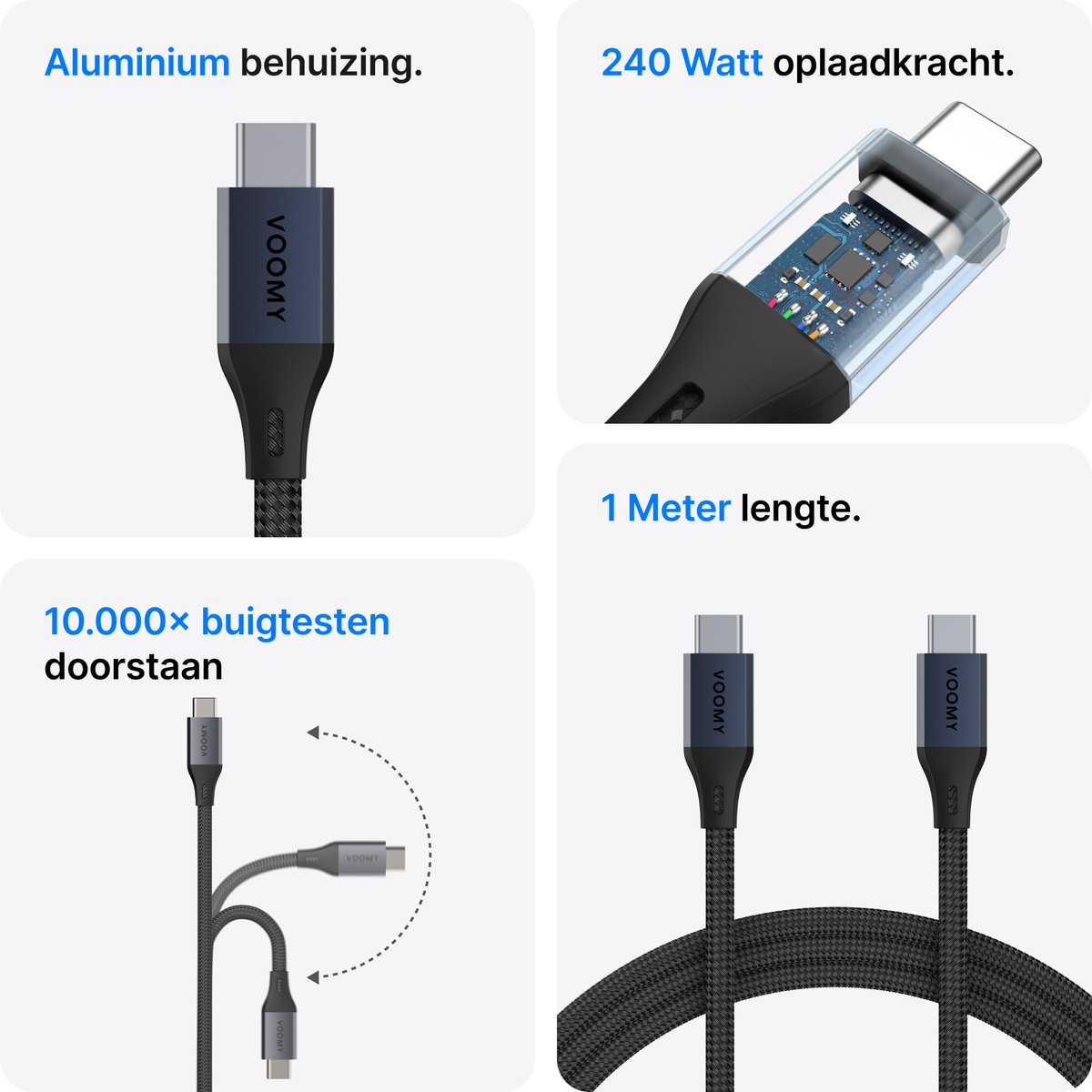 Voomy USB C Kabel 240W - 1 Meter - USB-C naar USB-C oplaadkabel - Geschikt voor Telefoon, Tablet & Laptop - Gevlochten Nylon - Space Grey — afbeelding 4