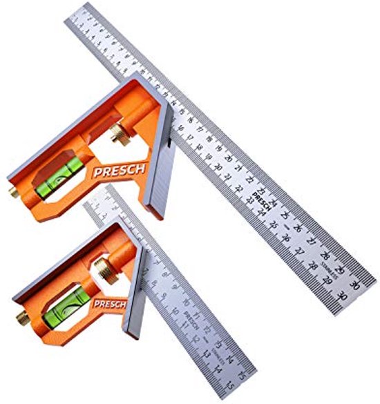 Set professionnel d'équerres universelles combinées - 150 mm et 300 mm - Avec butée de règle et niveau à bulle